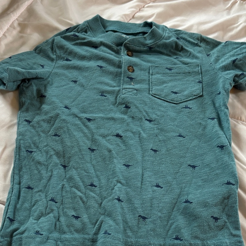 Light Teal Short Sleeve Henley with Navy Dino Print